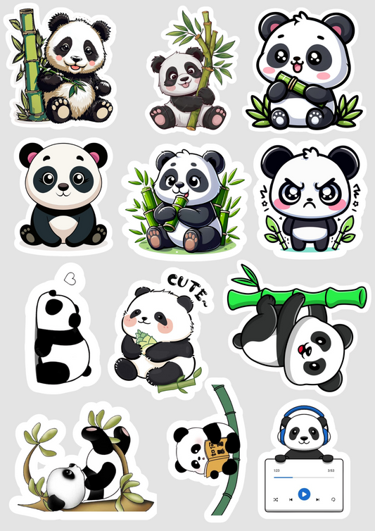 Cute panda pack of 12 vinyl waterproof stickers for mobile, laptop, notebooks, tablet