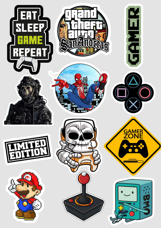 Gamer/PS5 pack of 12 vinyl waterproof stickers for mobile, laptop, notebooks, tablet