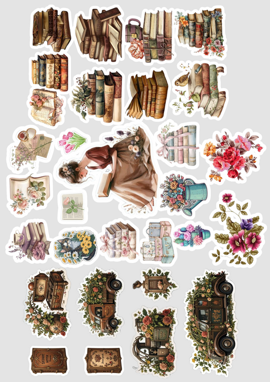 "Aesthetic flower, books " Vinyl Sticker for Laptop, Journal Mobile Phone, bottle, guitar, books - Waterproof.