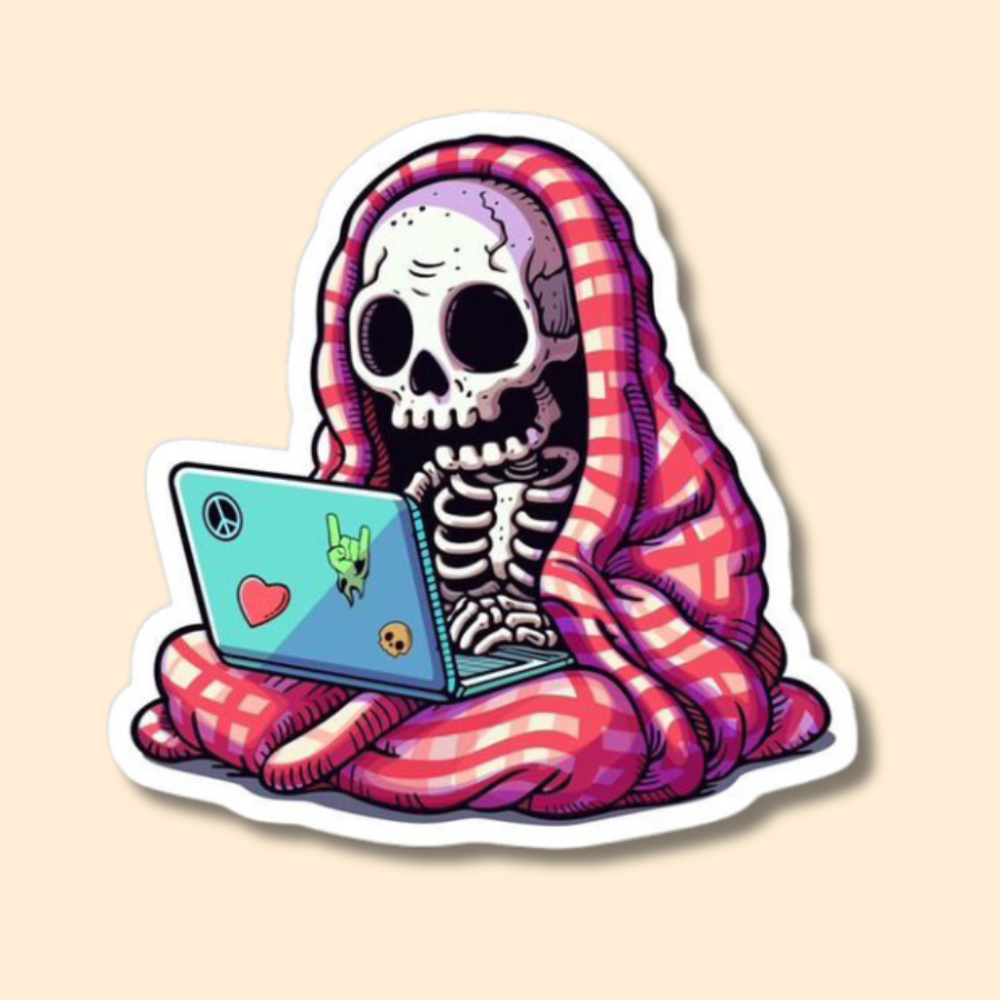 "Coder Skeleton with blanket" quote Vinyl Stickers for Laptop, Journal Mobile Phone - Waterproof